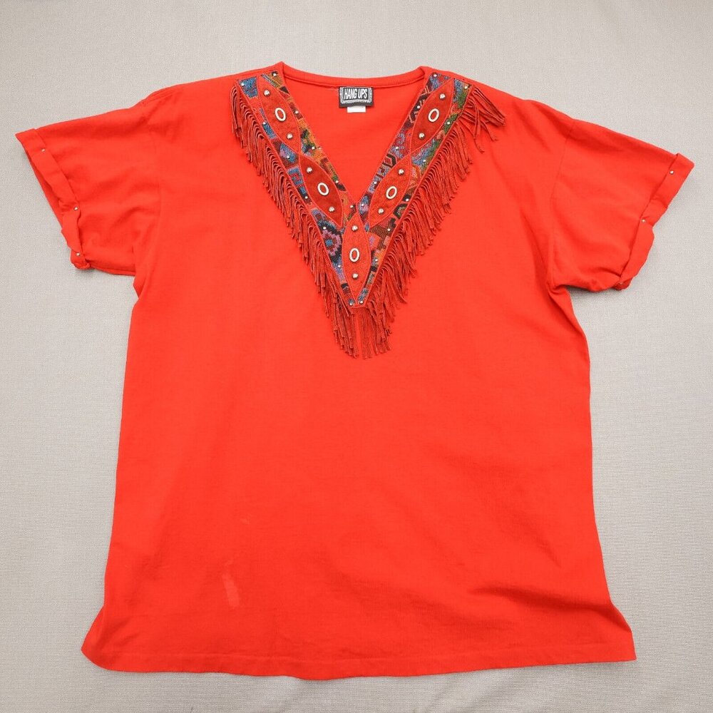 Vtg Hang Ups Womens Western Shirt One Size Tassle Line Dancing Embroidered Studs